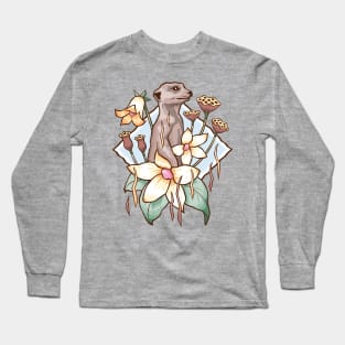 Meerkat in the Meadow - African Animal Floral Design Long Sleeve T-Shirt